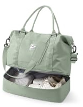 Spirit Travel Duffel - 18x14x8 Inches Weekender Overnight Bag with Shoes Compartment, Trolley Sleeve, Carry On for Airplanes, Sport Tote Gym Bag in BeigeGreen
