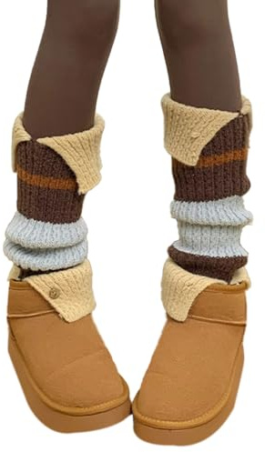 EMOTTOS Calentadores Piernas Mujer, Calentadores con Rayas de Contraste, Ballet Invierno Cálidos para Piernas para Niñas, Talla Unica, Marrón