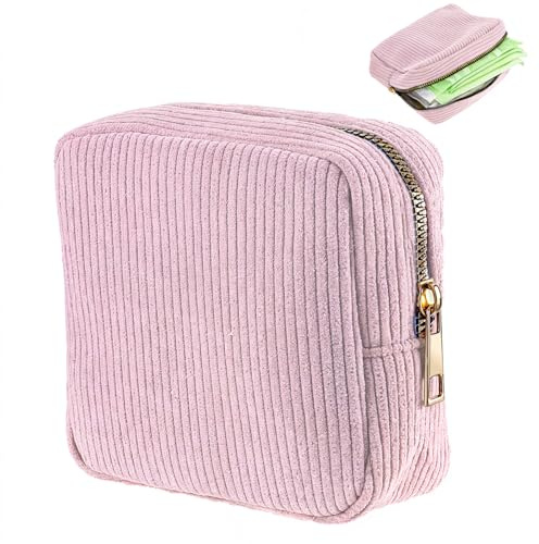 JIEYAO Corduroy Sanitary Napkin Storage Bag, Portable Period Bag for Teen Girls, Cute Period Pouch Soft Menstrual Cup Pouch Menstruation First Pad Bag Tampon Holder for Women (Pink)