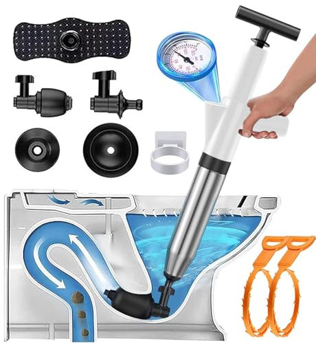 NiC IS COCNG Stura WC, pompa stura scarichi a pressione, sturalavandino ad aria compressa, stura lavandini e scarichi, 3 diverse ventose e la pulizia del lavandino (Bianco)