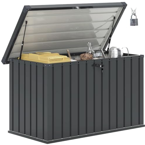 Outsunny 400L Garden Storage Box Waterproof 124 x 66 x 72 cm Dark Grey | Metal Storage Container, Metal Box, Lockable Lid, Outdoor Deck Box, Patio Porch Balcony