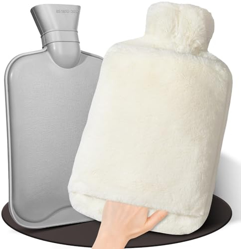 HAOCEE Wärmflasche mit Bezug, 2L Wärmeflasche Groß Flauschig,Wärmflaschen mit Känguru-Tasche,Auslaufsicher und Getestet, Bettflasche lange warm, Hot Water Bottle(Weiß)