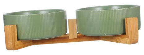 SEWOART Ceramic Double Pet Bowl with Wooden Stand Elevated Dog and Cat Food Water Feeder Anti-spill Design Matte Green for Small to Medium Pets