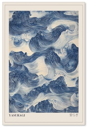 Japanese Blue Waves Wall Art Vintage Oriental Japandi Wabi Sabi Poster Abstract Giant Waves Canvas Prints for Minimalist Living Room Wall Decor 16X24 inch Unframed