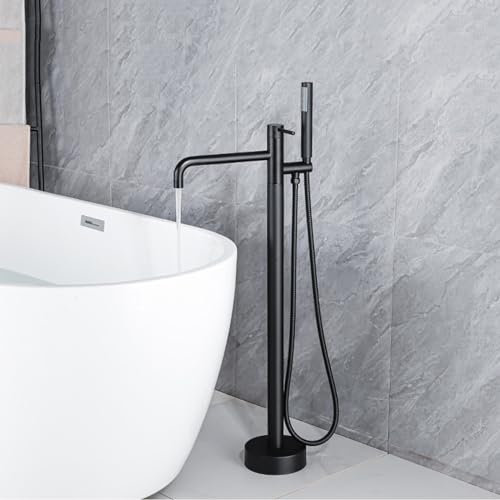Robinet de Baignoire Sur Pied avec Cascade Et Douchette à Main, 2 Modes D'Eau Chaude Et Froide, Baignoire Autoportante Rotative à 360°, Noir