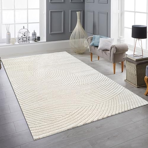 Teppich-Traum Teppich Hoch-Tief-Effekt Wellenmuster Creme 140x200 cm | Angenehm weich, mittlerer Flor, pflegeleicht, wohnlich, sanfte Wellenoptik, Wohnzimmer, Gästezimmer, Arbeitszimmer