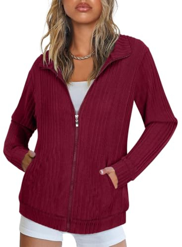 Womens Cardigans Size 20-22 Long Sleeve Tops Ladies Oversized Hoodie Zip up Jackets for Women UK Solid Sweatshirts Winter Coats Women Plus Size Hoodie with Pockets Knit Ribbed Comfy Warm Tops Wine