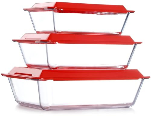 NUTRIUPS Set di 3 teglie profonde in vetro con coperchi in plastica, per lasagne profonde, per lasagne da forno, rettangolari in vetro (2,3 + 3,5 + 5,4 L)