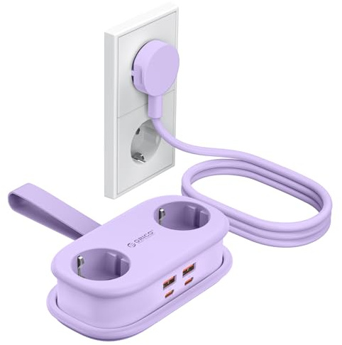 ORICO GAN 65W Regleta USB C de Viaje, Enchufe Múltiple 6 en 1, Lila | Carga rápida PD MacBook; 2 tomas AC y 4 USB; Diseño compacto con enrollador para cable 1,6m; ideal para viajes y el hogar