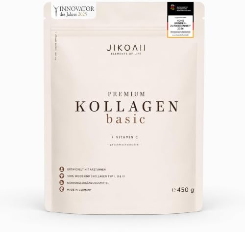 JIKOAII® BASIC Kollagen Pulver, Vitamin C, Typ I II III, 450 g, Neutral | Collagen Peptide aus 100% Weiderind, Vitamin C, Haut Haare Nägel & Bindegewebe, 30 Portionen, neutral, Made in Germany