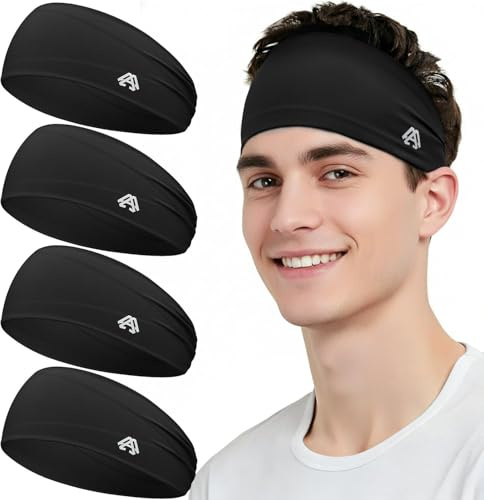 AWUMBUK Sport Stirnband Herren Damen, 4 Pcs Haarband Elastisch Atmungsaktiv Schweißband Stirn Utschfest Geeignet für Fitness Laufen Fußball Radfahren Yoga (Schwarz)