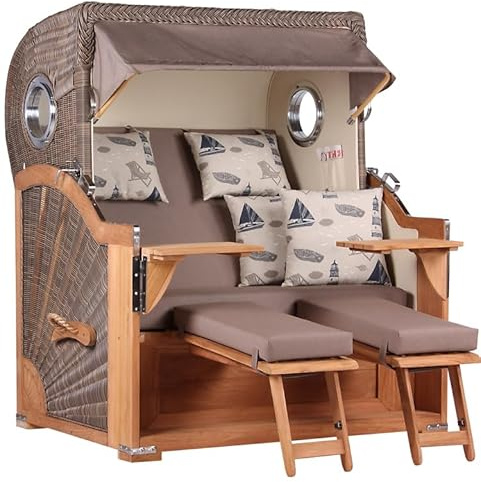 MR. DEKO Strandkorb XXL Komplettset Baltikum Teak-Holz | 2,5-Sitzer Volllieger 142cm inkl. Lifter-System & Rollen | | 2 Bullaugen & Schutzhaube | Luxus-Strandkorb Set Komplett | Premium-Gartenkorb