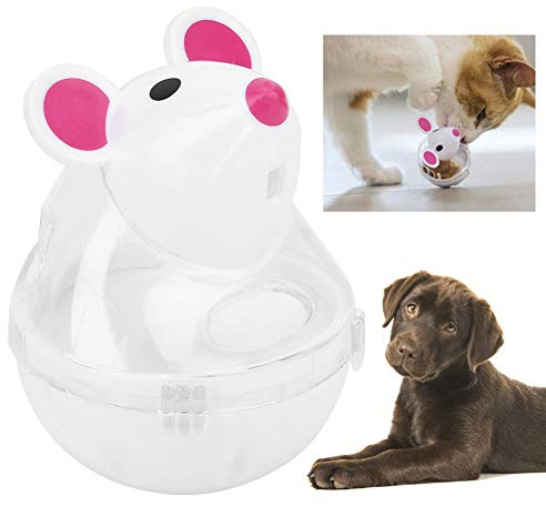 RASTKY Comedero para Gatos con Vaso para Ratones, Dispensador de Comida Lenta para Prevención de Asfixia, Tanque de Almacenamiento Transparente, Rosa/Blanco 2 * 2,4, Ideal para Recompensar y (White)