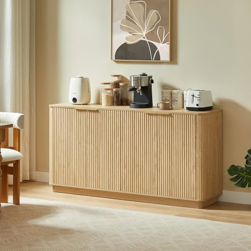 PUGSDRLY Buffet Cuisine Salon 160x40x80cm,Meuble TV,Buffet Salle a Manger avec 4 Portes,4 Étagères,Motif à Rayures Verticales,pour Salon,Chambre,Bureau(J-Chêne)