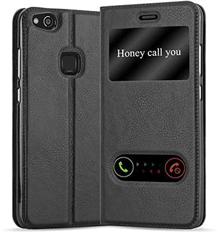 Cadorabo Hülle kompatibel mit Huawei P10 LITE in KOMETEN SCHWARZ - Schutzhülle mit Magnetverschluss, Standfunktion und 2 Sichtfenstern