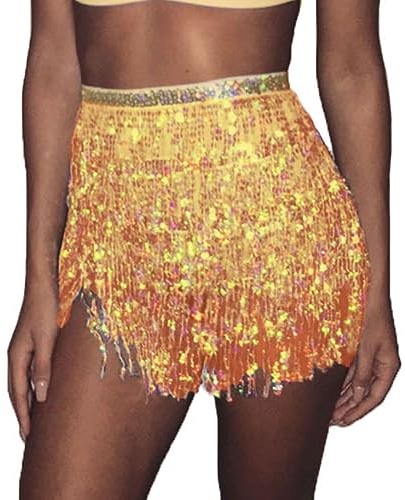 Ushiny Jupe de Rave à Paillettes pour Danse du Ventre, Hanche, écharpe, Franges, Jupe Costume Rave pour Femmes et Filles