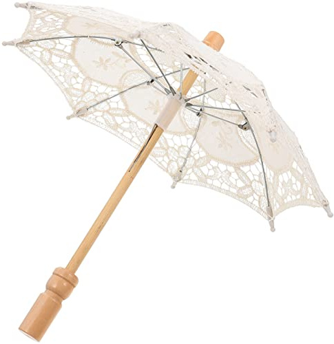 Toddmomy Lace Parasol Umbrella Cotton Fabric Lightweight Vintage Embroidered Bridal Umbrella with Wooden Handle 11 Inch Diameter for Tea Party Wedding Photo Props