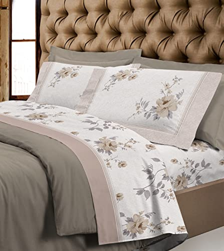 HomeLife Parure de lit 120x190 Flanelle de Coton - Parrure avec Drap Housse 120x190 avec Coins, 100% Coton Chaud pour l'hiver + Drap Plat 1 Personne + 1 Taie Oreiller, Fantaisie Florale, Beige