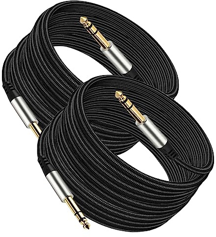 Tavsou Pack of 2 TRS Instrument Cable 1/4 Inch Straight 6.35mm Male Jack Nylon Braided Studio Cord (5M)