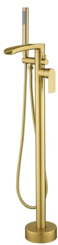 Rubinetto Per Vasca Freestanding Oro Spazzolato, Cascata Da Terra Con Doccetta Rotazione a 360°, Autoportante Per Vasca Da Bagno