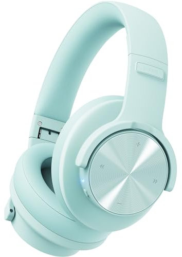 Picun B8 - Auriculares Bluetooth sobre la oreja, 120 horas de reproducción con 3 modos de ecualización, baja latencia, llamadas manos libres, graves profundos para viajes, hogar, oficina y PC (cian)