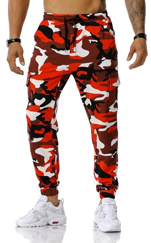MakingDa Pantaloni della tuta da uomo Camo Gym Joggers Cargo pantaloni della tuta con coulisse multi-tasca pantaloni da corsa pantaloni da combattimento mimetici pantaloni da lavoro, Rosso, 50
