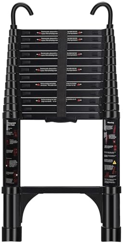 ARCHOM Telescoping Ladder 12.5 FT - Aluminum Telescopic Ladder with Hooks - Folding Extension Ladders for Home Work Loft Roof Attic RV Ladder with EN131 Certification - 330lbs Max Capacity (Black)