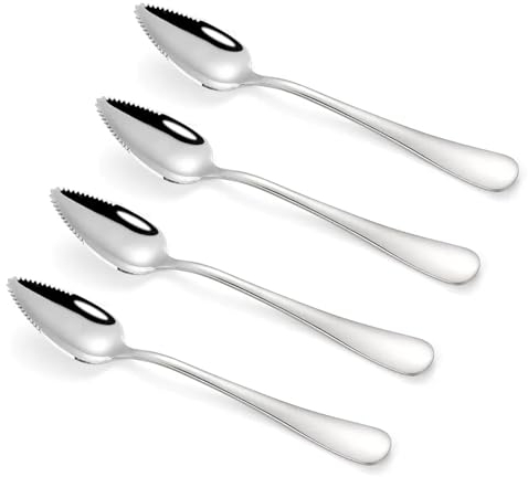EXIN DEHCEN Kiwilöffel 4-teilig, Kiwi Löffel Spoon, Pampelmusenlöffel 16 cm, Edelstahl Grapefruitlöffel mit Zacken, Obstlöffel Mit Wellenschliff für Obst, Desserts, Kiwi, Äpfel, Grapefruits (Silber)
