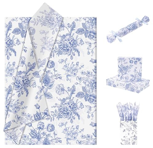 Larcenciel Papel de Seda Vintage Floral, Papel Seda para Envolver Azul y Blanco para Rellenar Bolsas de Regalo, Embalaje Regalo Artístico para Boda, Cumpleaño, Fiesta, Manualidade, 30 Hojas 50x35 CM