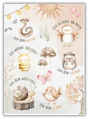 Mutzauber® Poster Affirmationsposter A3 Kinderzimmer Jungen Mädchen Bilder Babyzimmer Motivation Eule Schnecke Schmetterling Tiere Kinder Kindergarten verschiedene Motive Wandposter (Waldtiere)