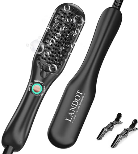 LANDOT Mini Hair Straightener Brush - Ionic Heated Straightening Brush for Frizz-Free & Smooth Styling, Compact Lightweight Dual Voltage Travel Flat Iron Comb, Black