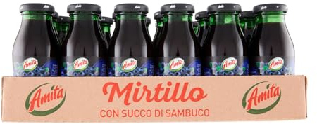 Amita Mirtillo, Bevanda Rinfrescante a Base di Mirtillo (24%) e Succo di Sambuco (9%), Gusto Autentico e Fresco, con almeno il 40% di Frutta - Confezione da 24 Bottiglie di Vetro