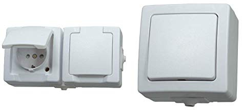 Kopp Nautic Steckdose für Feuchtraum, Aufputz, 250V (16A), 2-fach Schutzkontakt-Steckdose, arktis-weiß & Nautic Universalschalter (Aus- und Wechselschalter), Aufputz, 250V (10A), IP44, arktis-weiß
