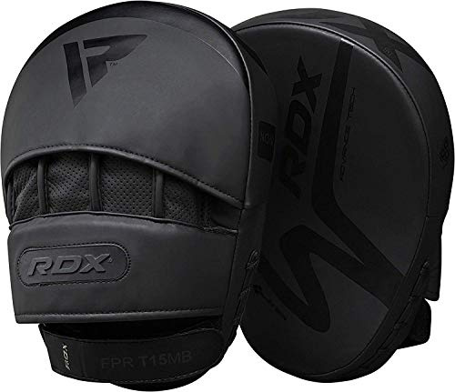 RDX Boxing Pads Focus Mitts, Convex Skin Leather Curved Hand Pad with Adjustable Strap, Hook and Jab Hand Strike Shield for MMA, Martial Arts, Punching Target, Muay Thai Training Matte Black