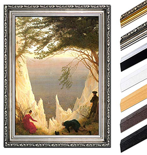 Bilderdepot24 Bild mit Rahmen - Caspar David Friedrich Kreidefelsen auf Rügen 40x50 cm - Gerahmtes Leinwandbild Alte Meister - Antiker Rahmen Silber Barock, Klassisch
