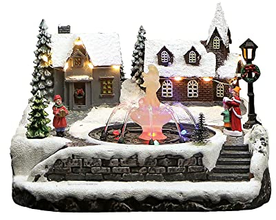 Hellum LED Weihnachtsdorf mit echtem Springbrunnen, beleuchtetes Weihnachtsdorf für innen mit Stecker und Timer, LED Stadt mit warmweißer Beleuchtung, Weihnachtsdeko innen 25x21x18cm 524697