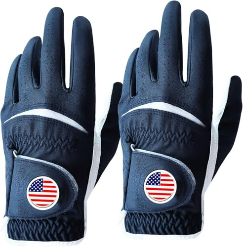 FINGER TEN Golf Gloves Men Colorful 2 Pack for Left Right Handed Golfer, Comfortable Gloves with Ball Marker for Serious Performance, Fit Size Small Medium ML Large XL (Blue,X/Large,Worn on Left Hand)