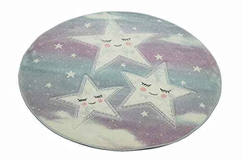 CARPETIA Unterlage Teppich Kinderzimmer Sterne Himmel Wolken Design blau Creme Größe 120 cm Rund