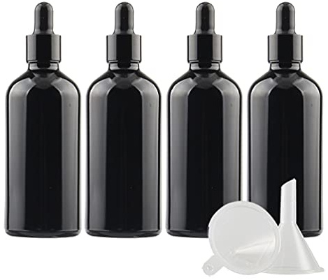 TIANZD 4 Pièces 100ml Flacons en Verre Noir avec Pipettes, 100 ml Bouteilles Compte-gouttes en Verre Vides avec Bouchon à Vis Noir Pour Les Huiles Essentielles Aromathérapie