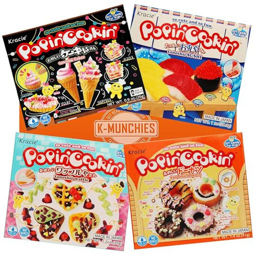 K-Munchies Kracie Popin Cookin Kits - 4 Pack Assorted Japanese Candy Making Kit Bundle - Gummi Sushi, Waffle, Cake Donut DIY Candy Kit - Easy to Follow Edible Experiments for Kids - Made in Japan