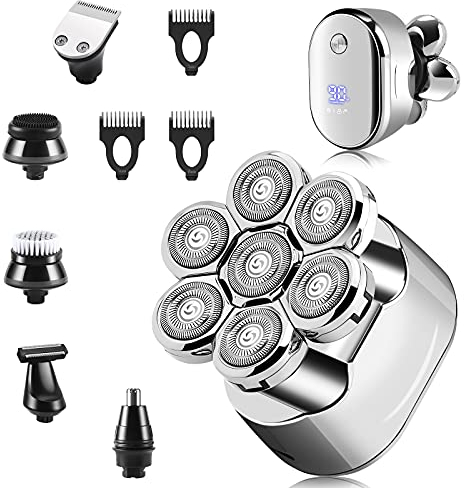 Rasoir Electriques Hommes : - tondeuse à barbe rechargeable 6 en 1 tondeuse crâne chauve étanche électrique sans fil professionnel 7 têtes rasoirs rotatifs