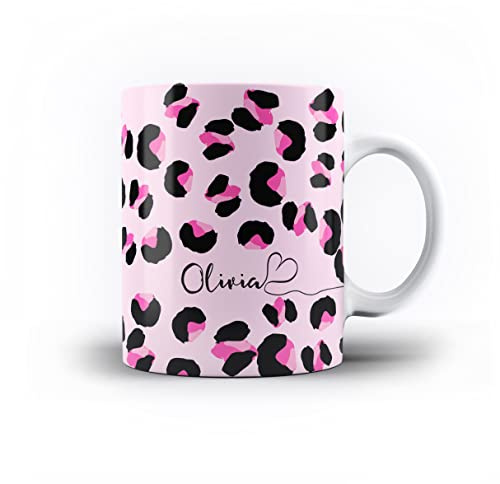 iCaseDesigner Personalised Animal Print Mug with Name and Heart. 11oz Ceramic Mug. 10. Pink Leopard