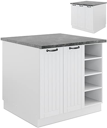 Vicco Kücheninsel Fame-Line, Weiß Landhaus/Weiß, 90 cm | MDF-Front · 6 Einlegeböden · Höhenverstellbare Füße · Metallgriffe · Soft-Close