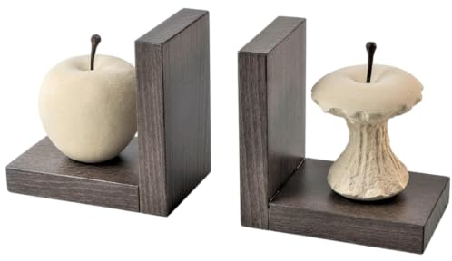 Progetto Arte. Paar Buchstützen Apfel/Apfel gegessen, Steinskulptur auf Holzbasis, handgefertigt. Handmade Product. Q027T+Q027M