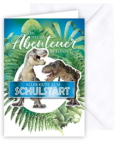 KE - Dinostarke Glückwunschkarte zur Einschulung, Premium-Qualität, B6 17,0 x 11,5 cm, inklusive Umschlag, spezielle Folienprägung - Karte zum Schulanfang - Motiv: Dinos