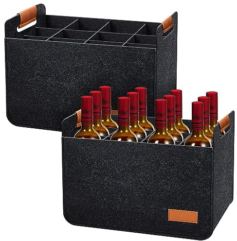 Peryiter 2 Pcs 12 Bottles Wine Carrier Tote 14.6 x 12.6 x 10.6 Inch Insulated Thermal Padded Wine Tote Bag Reusable Glasses Liquor Bottle Storage Collapsible Ratafia Travel Case for Party (Grey)
