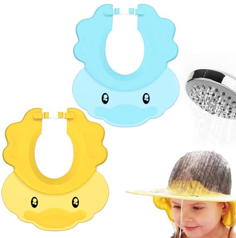 Haarwaschhilfen für Kinder – Baby-Duschhaube, verstellbarer Haarwaschschutz für Kinder, Kleinkind-Shampoo-Kappe mit Ohrabdeckungen, 2 Stück, Entenförmiges Visier für Augenschutz (blau und gelb)