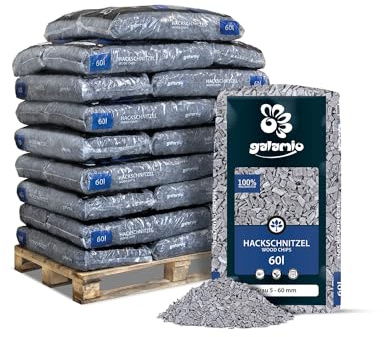GALAMIO Holzhackschnitzel Grau Hackschnitzel Mulch Natur Wald Kiefer Pinus Sylvestris Garten Dekor Holz Häcksel Grob 5-60mm 60l x 26 Sack 1.560l / 1 Palette