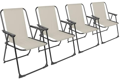 Harbour Housewares 4X Noir Mat/Beige Chaise de Plage Pliante en Métal - Portable Poids Léger Adultes Extérieur Camping Jardin Pêche Balancelle Siège