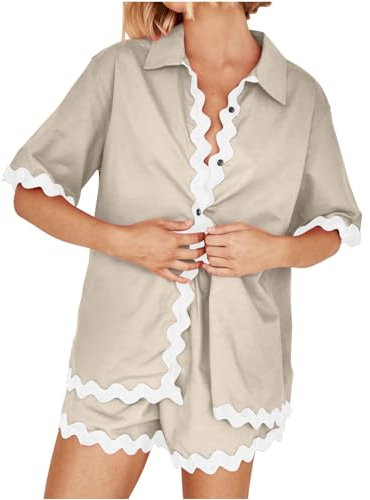 NSICBMNO Lounge-Sets für Damen, 2-teiliges Outfit, Sommer-Co-Ord-Sets, lässiger Trainingsanzug, Button-Down-Shirt und Shorts mit weitem Bein, kurzer Damen-Pyjama-Set, Loungewear-Sets für Streetwear,
